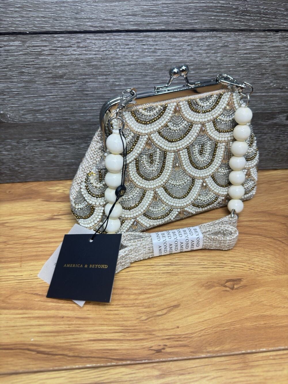 America & Beyond Beaded Scallop Kiss-Lock Clutch Crossbody Bag Cream Gold Silver